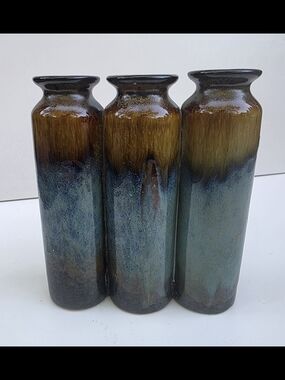 Glazed Ceramic Triple Bud Vase in Brown and Blue